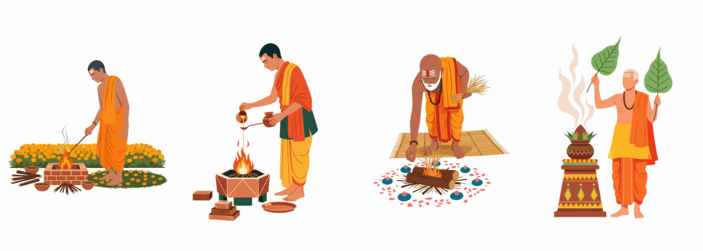 Set of Hindu Priests Performing Sacred Fire Rituals and Religious Ceremonies in Traditional Saffron Robes on White Background