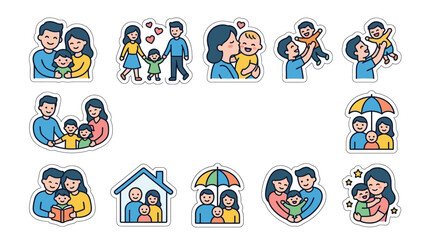 Fototapeta premium Collection of Cute Sticker Illustrations Depicting Happy Family Life and Parenthood Moments.