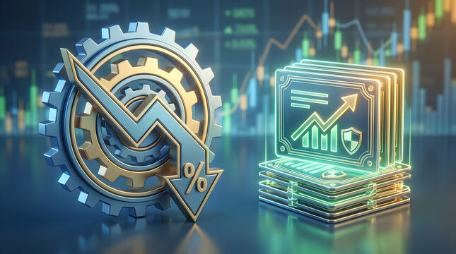 Interest rate cut and financial risk management concept with 3D illustration of percentage downward arrow on gears next to a glowing investment growth server stack
