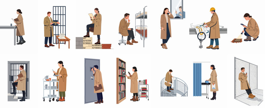 A set of flat vector illustrations showing various personnel performing inspections, maintenance, and administrative tasks within a correctional facility or prison setting.