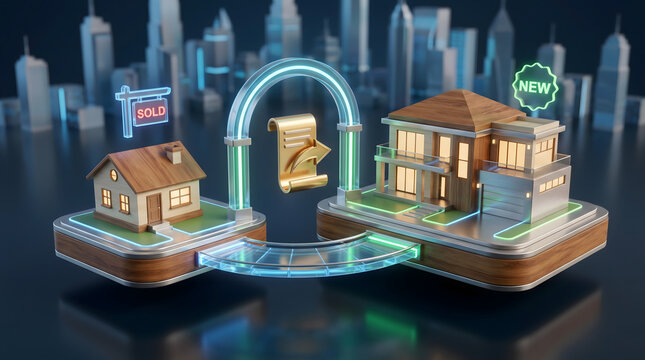 Real estate upgrading and property investment concept with 3D isometric illustration of a sold old house shifting to a new luxury modern home through a glowing contract arch