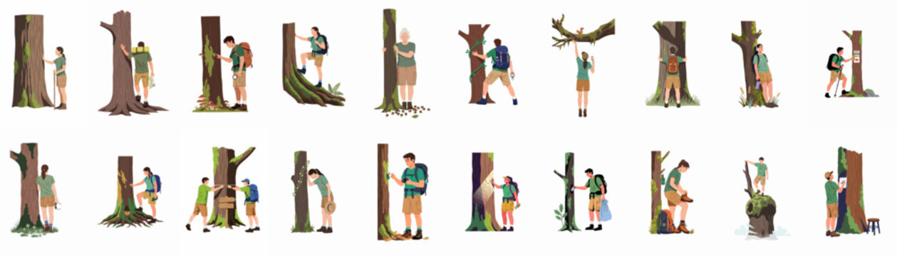 Large Collection of Flat Vector Illustrations Featuring Diverse Hikers and People Interacting with Trees and Nature in Various Outdoor Activities.