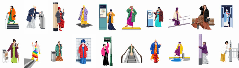 Flat vector illustration set of glamorous characters in evening gowns and puffer jackets navigating various urban subway and public transit environments. © Pat