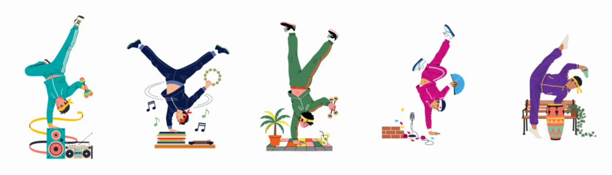 Set of diverse male breakdancers in colorful tracksuits performing acrobatic handstands with various musical instruments and props in a flat vector illustration style.