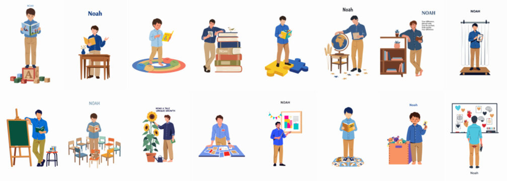 Set of illustrations featuring a young man named Noah in various scenes related to education, learning, growth, and neurodiversity.