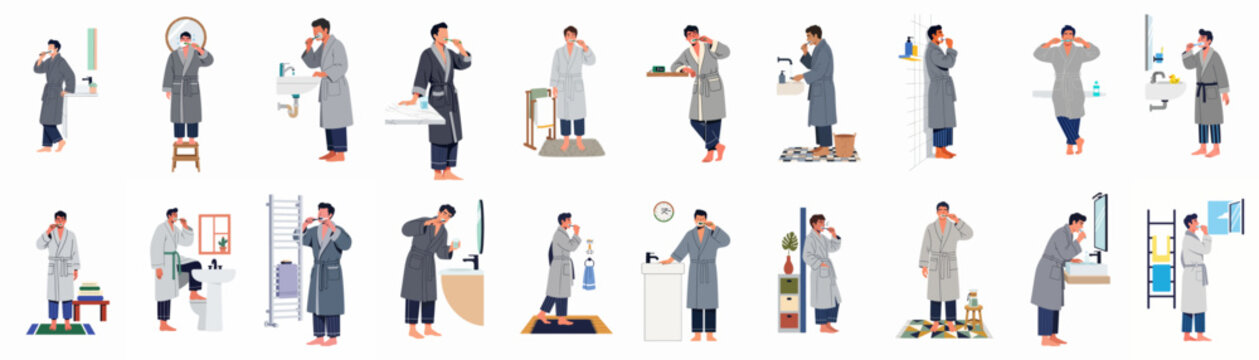 Set of men in bathrobes brushing their teeth in various bathroom settings, illustrating morning hygiene routines and daily personal care.