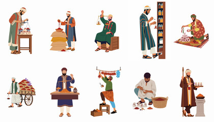 Fototapeta premium Flat illustration set of men in traditional Middle Eastern clothing trading, weighing, and selling spices like saffron in an oriental market bazaar.