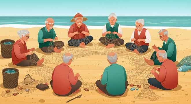 Elderly People Sitting in Circle on Beach Fishing Nets and Shells During Daytime