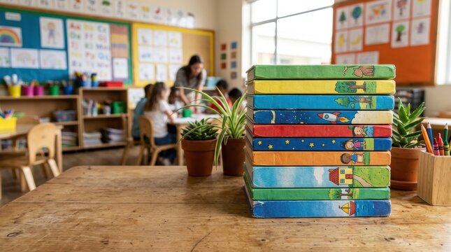 Colorful childrens books stacked on wooden table in classroom.