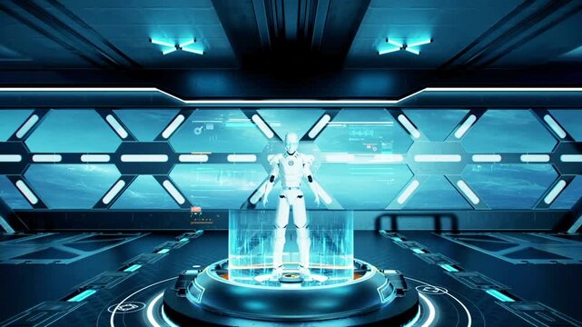 Sci-Fi space robot, robot on tech spacecraft, A humanoid robot stands on a glowing circular platform in a futuristic, blue-lit sci-fi chamber with geometric wall panels and a view of the sky outside.