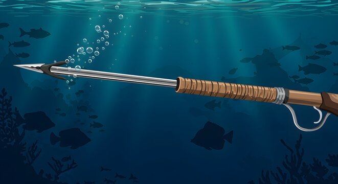 Fishing Spear Underwater with Fish and Coral Reef Scene in Blue Ocean