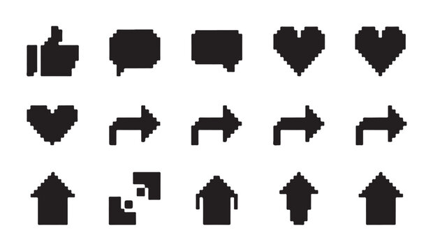 Social media pixelated symbols set featuring thumbs up heart speech bubble and arrow signs.