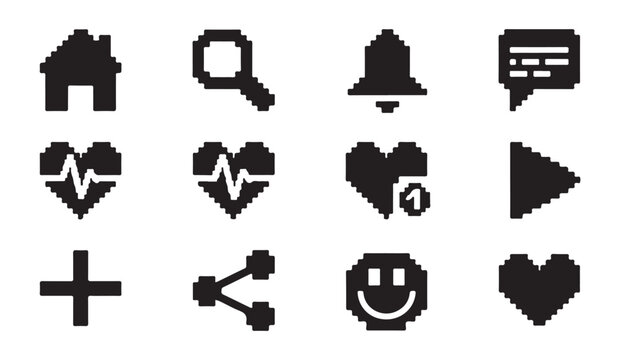 Digital health and notification pixel icons with heartbeat smile bell and home button set.