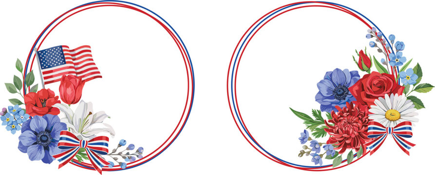 Patriotic American USA flag circle flower frame set, 4th of July celebration vector decoration