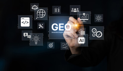 Obraz premium Digital marketing concept featuring GEO strategy, optimizing content for AI search engines and large language models. Evolution of SEO, brand authority, and AI citation visibility. Corpus