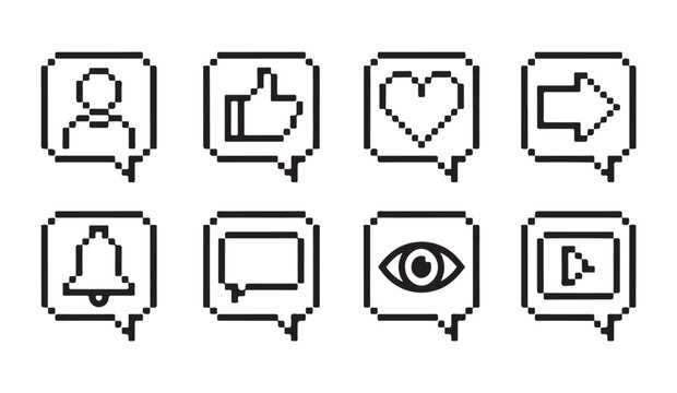 Notification speech bubble pixel icon set including profile like heart arrow and eye signs.
