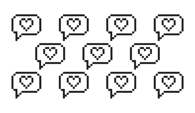 Social media pixel art icons with hearts in speech bubbles for likes and comments.