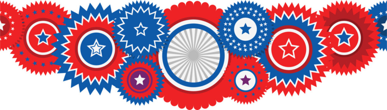 Patriotic American USA rosette paper fan garland border, 4th of July independence celebration vector