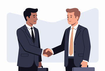 Fototapeta premium Two professional business partners in formal suits shaking hands against abstract background, deal closed concept.