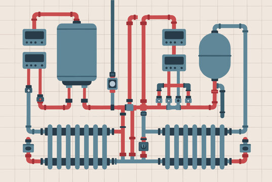 Detailed schematic diagram of a modern domestic heating and water plumbing system with pipes and radiators.