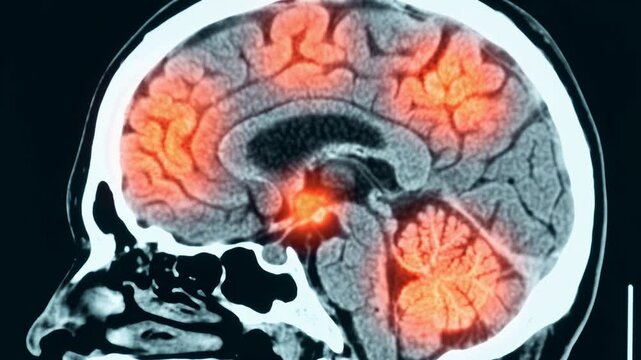 CT brain scan image with glowing red highlights indicating stroke and tumor regions, 4K video