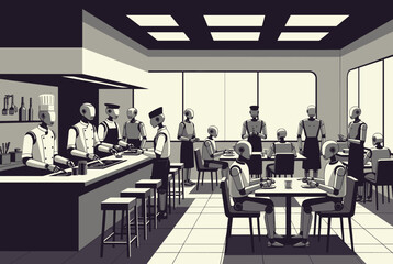Fototapeta premium Futuristic automated restaurant scene where humanoid robots act as professional chefs, waiters, and happy dining customers.