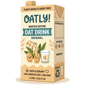 Oatly oat milk carton packaging.