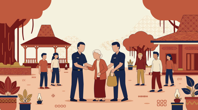Community Service and Police Care in Indonesian Traditional Village Vector Illustration. Officers Helping Elderly Woman with Joglo House and Batik Background.