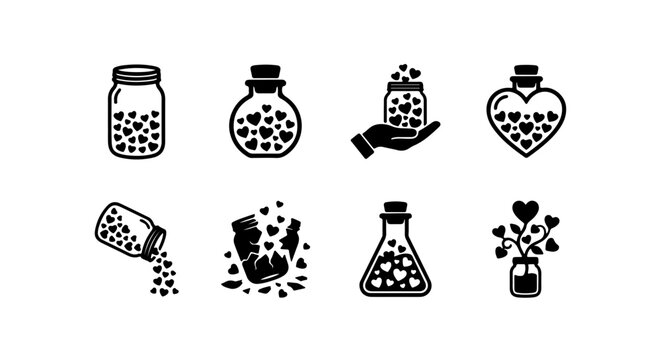 Heart Potion Icons, Love Elixir Bottles, Romantic Vials, Valentine's Day Vector Set