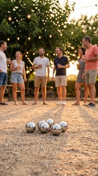 Group of happy friends playing traditional bocce ball game outdoors during golden hour sunset party