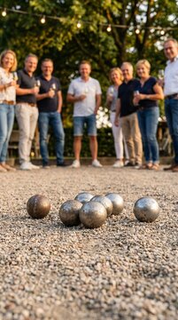 Close up of metal balls on gravel court during traditional petanque game with friends drinking wine