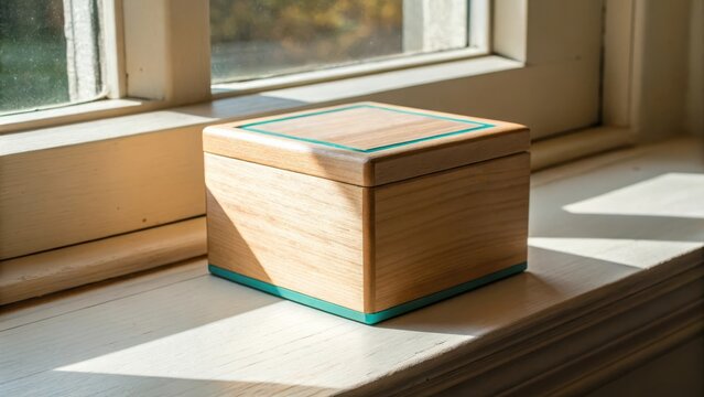 Wooden keepsake box with decorative trim on a windowsill