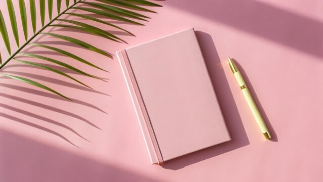 A pink notebook and a yellow pen lie on a pink surface with a palm leaf and shadow