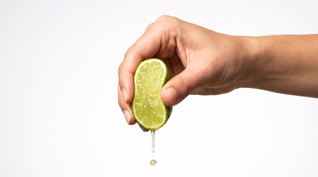 Hand squeezing fresh lime with juice drip