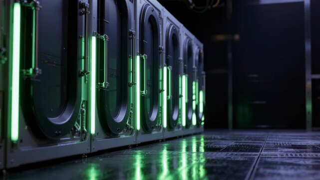 Server room data center green light row of server rack computer hardware dark interior reflection floor technology network storage