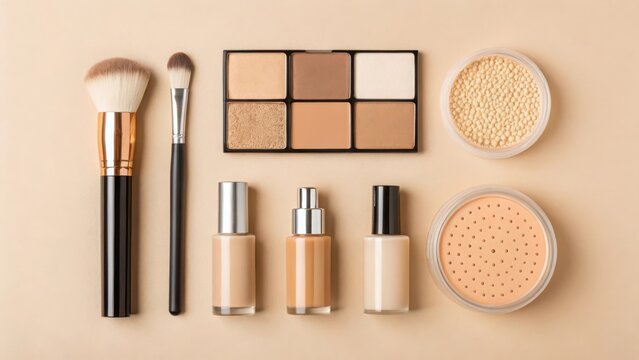 A flat lay of various makeup products including foundation, brushes, and powders on a neutral background