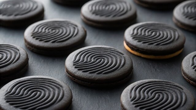 Closeup of dark chocolate cookies with a unique swirl pattern on a dark surface