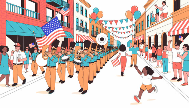 Traditional Fourth of July parade featuring marching band with musicians in blue uniforms, American flags, and festive decorations along a vibrant street scene