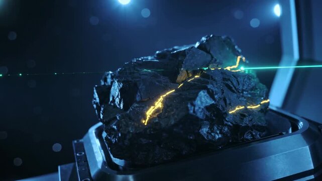 Futuristic rock on metal platform with glowing crack, blue light, laser beam, dark science fiction energy scene