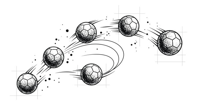 Soccer balls in motion sequence with trajectory lines rendered in a sketch style, ideal for sports training diagrams and educational athletic content materials.