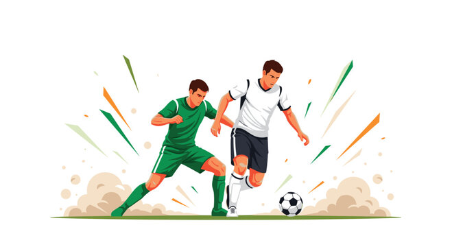 Two soccer players in green and white uniforms competing for ball possession amidst dust clouds and colorful geometric shapes.