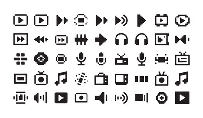 Fototapeta premium Pixel art icons for media playback controls, audio, video and music.