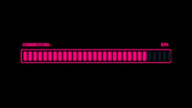 Glowing pink neon loading bar with connecting text on black 4k