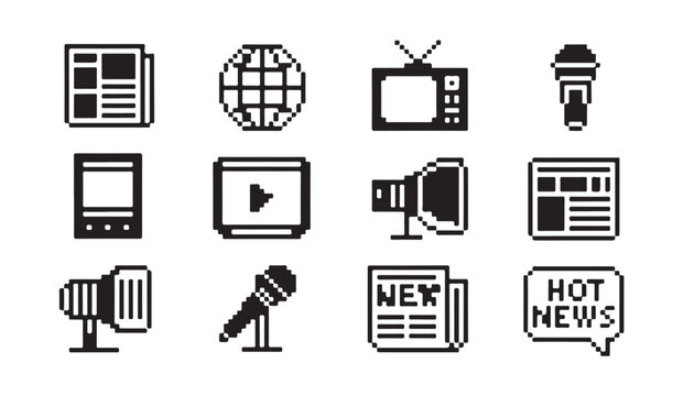 Collection of digital pixelated news media and broadcasting icons for web application UI.