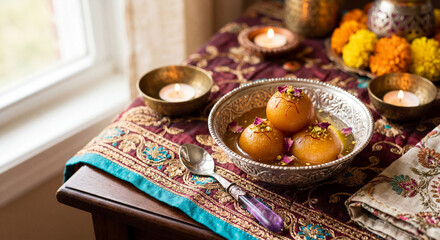 Fototapeta premium Traditional gulab jamun in syrup garnished with saffron and rose petals in silver bowl with diya lamps and marigold for Diwali celebration