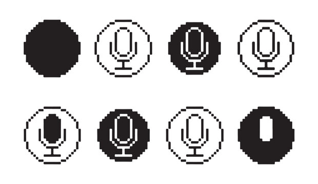 Set of pixel art microphone icons in circles showing various recording status and mute modes.