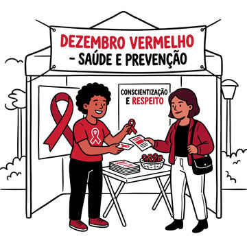Dezembro Vermelho Health and Prevention Awareness Booth with Volunteers Distributing Information and Ribbons
