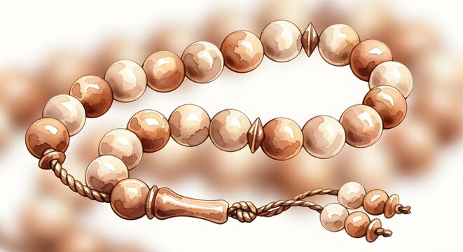 Close-up view of prayer beads, also known as Tasbih or Mala, with a soft, blurred background, suggesting a peaceful and spiritual moment