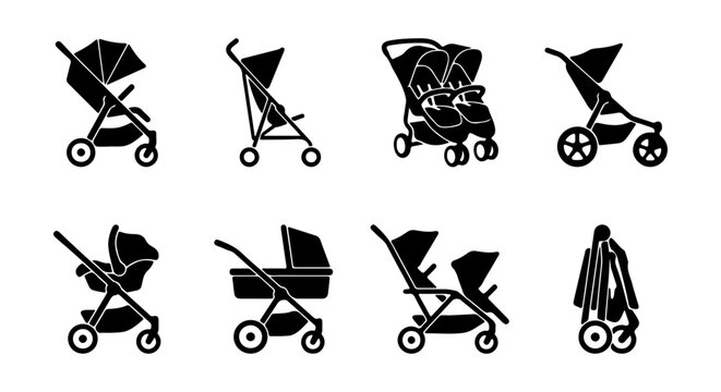 Baby Stroller Icons Set, Twin Pram Vector Graphics, Compact Foldable Pushchair Collection