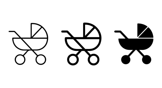 Baby Stroller Icons, Vintage Pram Vector Set, Classic Carriage Graphics, Newborn Transport Symbols